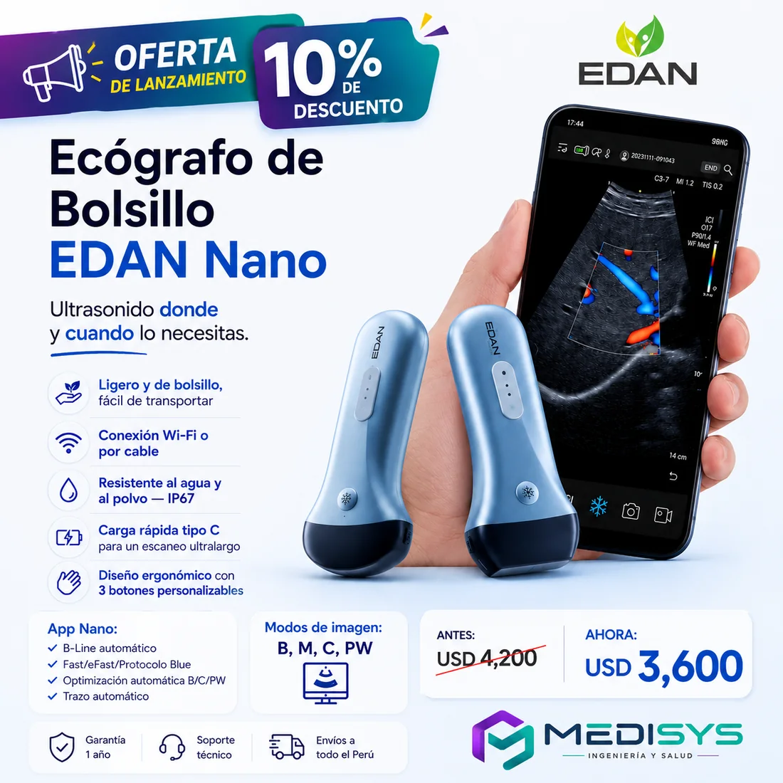 Oferta de lanzamiento — Ecógrafo de Bolsillo EDAN Nano, antes USD 4,200 ahora USD 3,600