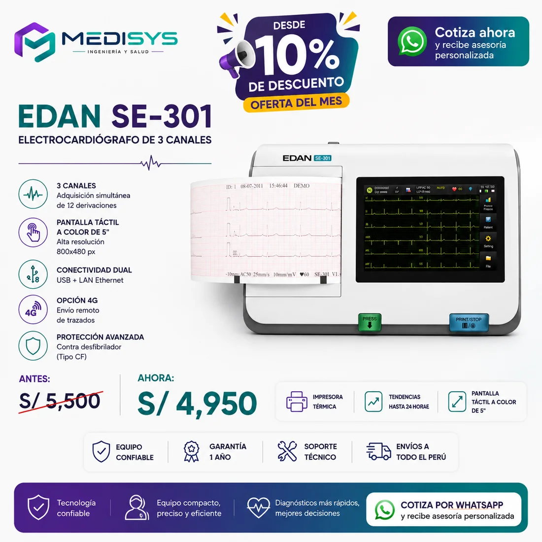 Oferta del mes — Electrocardiógrafo EDAN SE-301 de 3 canales, antes S/ 5,500 ahora S/ 4,950