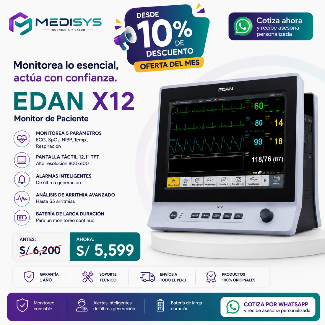 Oferta del mes — Monitor de Paciente EDAN X12, antes S/ 6,200 ahora S/ 5,599