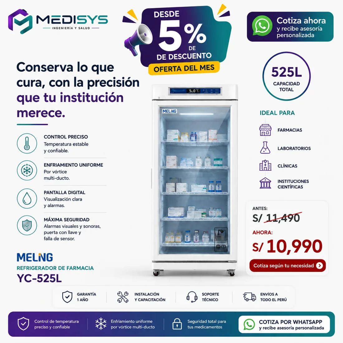 Oferta del mes — Refrigerador de Farmacia Meling YC-525L, 525 L, antes S/ 11,490 ahora S/ 10,990