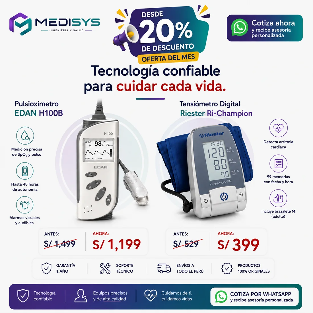 Oferta del mes — Pulsioxímetro EDAN H100B y Tensiómetro Digital Riester Ri-Champion, desde S/ 399